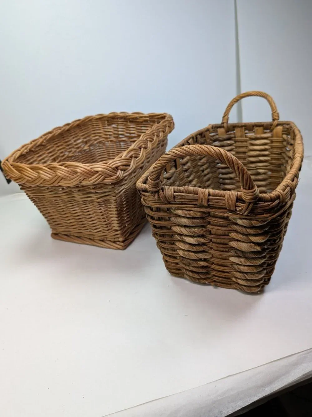 Vintage Natural Wicker Baskets Set of 2 Braided Rim & Chunky Rope Weave Baskets